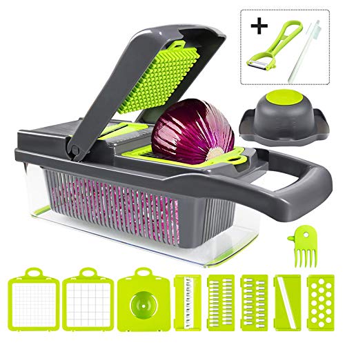 Gesentur Mandolina de Cocina 13 en 1 Cortador de Verduras, Patatas Picador de Verduras Rallador Multiusos con 8 Cuchillas Ajustables para rebanar, Cepillo para Limpieza, Pelador