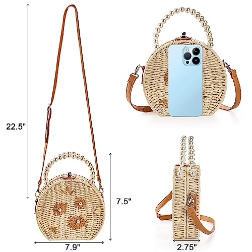 Handwoven Round Rattan Bag, 8" Straw Crossbody Bags with Adjustable Straps, Top Pearl Handle Wicker Tote Bag, Boho Summer Beach Basket Purse, Flower Woven Shoulder Bag for Women Lady2