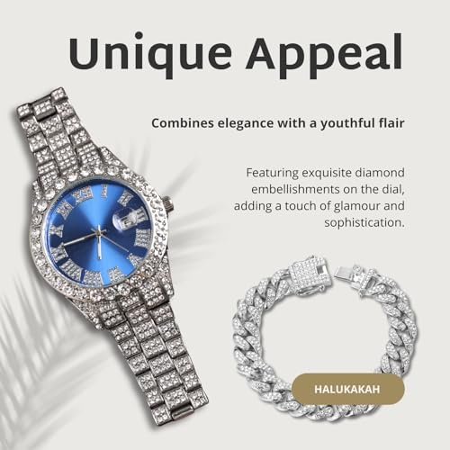 Image of Halukakah Diamonds Gold Watch Iced Out for Boy Teens Kids - 18K Real Gold /Platinum Plated,42mm Blue /Green /Red Dial,Japanese Quartz - 8 inch Length - Optional with Cuban Link Chain,with Watch Adjuster Tool