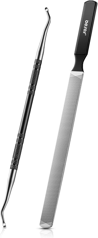 BEZOX Lima de uñas larga de metal, lima de uñas de acero inoxidable para uñas gruesas y fúngicas con levantador de uñas de doble punta, la mejor herramienta de manicura y pedicura para el cuidado de las uñas de hombres y mujeres, color negro