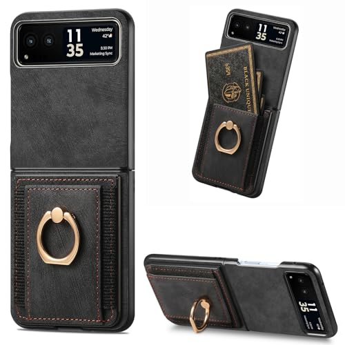 Asuwish Compatible with Motorola Razr 2023 Case [Not fit Razr Plus 2023], Card Slot Magnetic Back Case Metal Ring Holder Stand Kickstand Cell Phone Cover for Motorola Razr 40 Gen 3 Women Men Black