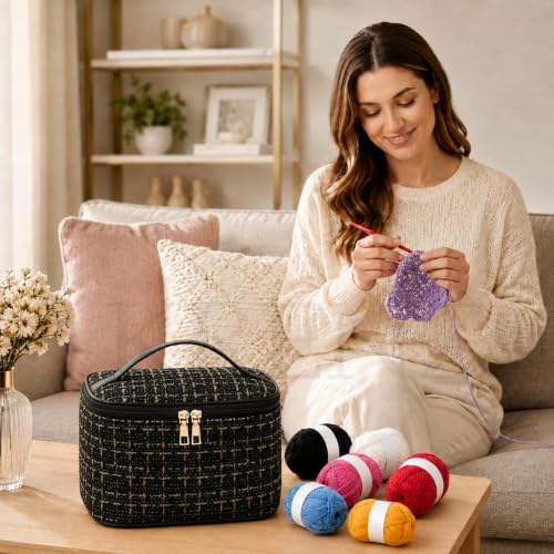 Image of KRENZ 59 Pcs Crochet Kit Set For Beginner Adults Kids Starter Kit Crochet Needles Set Crochet Kit Include 6 Yarn Crochet Hooks Stitch Markers Storage Bag All In One Crochet Hook Set With Crochet Yarn (Black Gold Chex)
