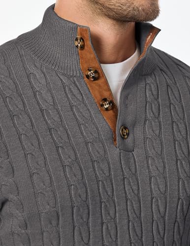 Image of JMIERR Men's Cable Knit Pullover Sweater Casual Long Sleeve Stand Collar Button Knitted Sweaters