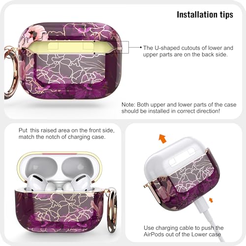 Image of wenew case for Airpods Pro 2 Case, Flower Airpod Pro Slim Hard Case Cover with Carabiner for Women Girls (Golden Purple)