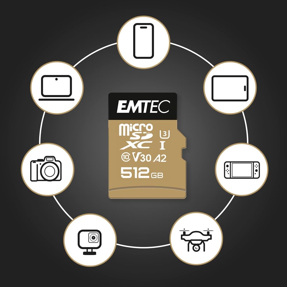 Emtec - Carte microSD UHS-I U3 V30 A1 - 512 GB, 256 Go - ECMSDM256GXC10SP - Gamme Speedin - Avec adaptateur - Vitesse de lecture et écriture jusqu'à 100 MB/s, 100 Mo/s - Noir/Or