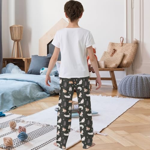 Boy's Pj Pants Colorful Cat Paw Black Lounge Bottoms Elastic Waist Kids Joggers with Pockets Size 6-143
