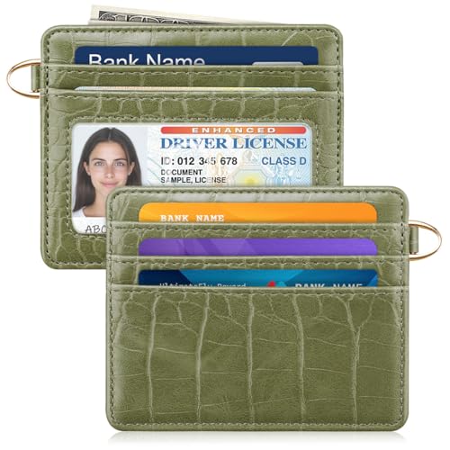 Image of Slim Credit Card Holder Crocodile Wallet Women Thin Wallets | Alligator Print RFID Blocking Minimalist Lightweight Pocket Small Cute Cards Holders ID Window, Olive Croc