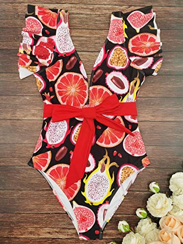 Binlowis V Neck Ruffle One Piece Swimsuit Ladies Floral Print Sexy Belt Bathing Suit Tie Back Swimwear(Print2015,M) #TOP3