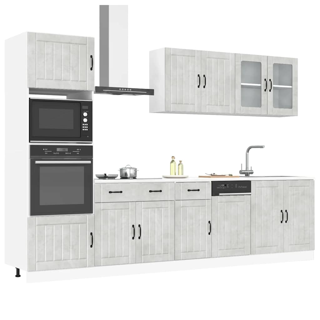 Mobili da cucina Lucca, set di 7 mobili da cucina moderni in legno grigio cemento, blocco da cucina con pensili e pensili per molto spazio in cucina