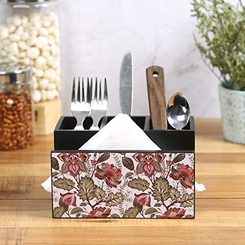 Image of Wooden Cutlery Stand Holder I Countertop Organizer - Spoon Fork Knife Napkin Tissue Paper I Home & Kitchen I Size 7 inch X 5 inch X 4 inch I Floral Fantasy, Multicolor