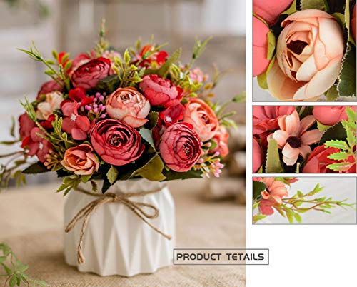 Kunstbloemen Nep Bloemen Zijde Roos Boeketten Decoratie met Keramiek Vaas voor Tafel Thuiskantoor Bruiloft (Red Bud) - Afbeelding 4