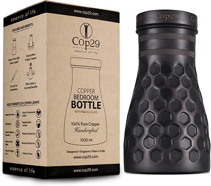 Cop29 Handmade Dolny Antique Honeycomb Copper Bedroom Water Bottle I Pitchers with Lid I Bedside Water Carafe (Indoor Use with Loose Lid) -1000ml/34oz