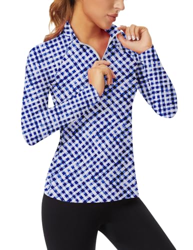 Womens Long Sleeve Plaid Golf Polo Shirts 1/4 Zip UPF 50+ Sun Protection Shirt Quick Dry Athletic Shirts