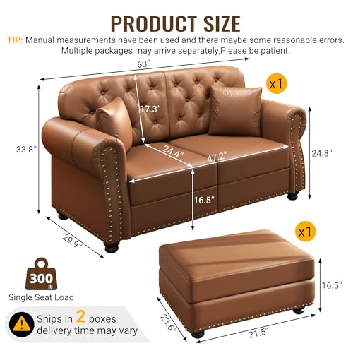 Image of KEIKI 63 inch Faux Leather Chesterfield Sofa with Rolled Arms & Nailhead Trim & 1 Ottoman, 2-Seater Button Tufted Couch with High Resilience Cushion & 2 Pillow, Easy Assembly, for Living Room, Brown