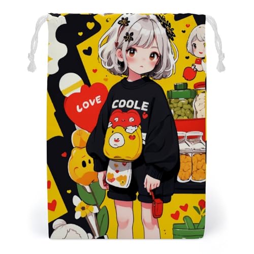 巾着袋 漫画 和風 アニメ 女子 巾着ポーチ 引きひも袋 収納ポーチ 小物入れ コップ袋 化粧ポーチ ギフト袋 多機能 軽量 耐久性 折り畳み おしゃれ 20*25cm