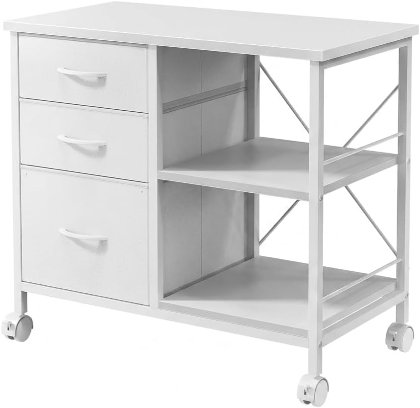3 Drawer Mobile Filing Cabinet, Industrial White Office Storage Cabinet with Open Shelf, Under Desk Printer Stand with Casters for Home Office, Letter & Legal Size Files
