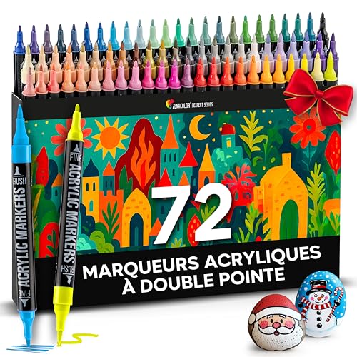 Zenacolor - Feutre Acrylique 72 Couleurs - Double Pointe - Pinceau & Fine - Feutres pour Coloriage Adulte - Feutres Acrylique Idéal pour Multi-Surfaces