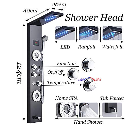 Columna de ducha para baño con panel lluvia cascada, chorros LED, mezclador de agua fría y caliente, para bar miniatura 2