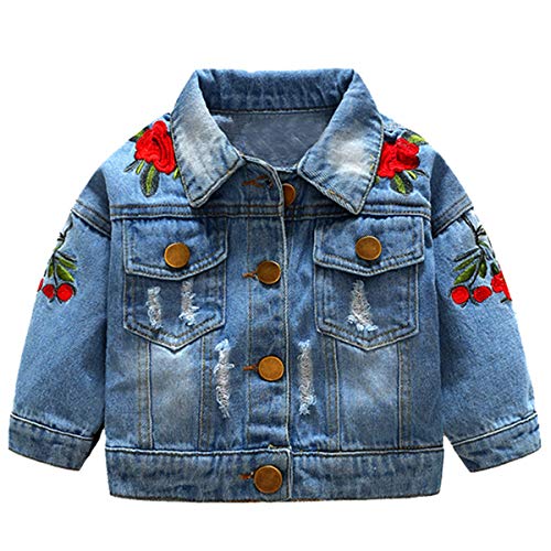 KANTAN Baby Girls Denim Jacket Rose Flower Embroidery Toddler Ripped Denim Coat For Kids (2_years)