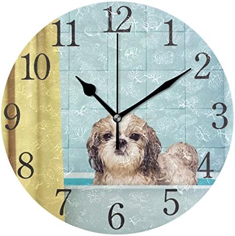 Shitzu Dog Wall Clock Arabic Numerals Design Cute Wet Dog Round Wall Clock for Living Room Bathroom Home Decorative