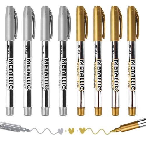 Ruucy 8 St&uuml;ck Gold Silber Metallic Stifte, 1.5 mm Goldstift Metallic Marker, Goldener Stift Silberstift Acrylstift f&uuml;r Holz, Stein, G&auml;stebuch, Karten, Handwerk, Metall (4 Gold + 4 Silber)