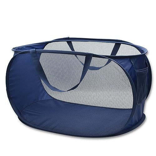 HONOMA Sturdy Mesh Laundry Hamper Basket Bag,Pop up Basket with Side Pocket for Laundry Room, Bathroom, Kids Room, College Dorm or Travel (Pop Horizontal, Navy Blue)