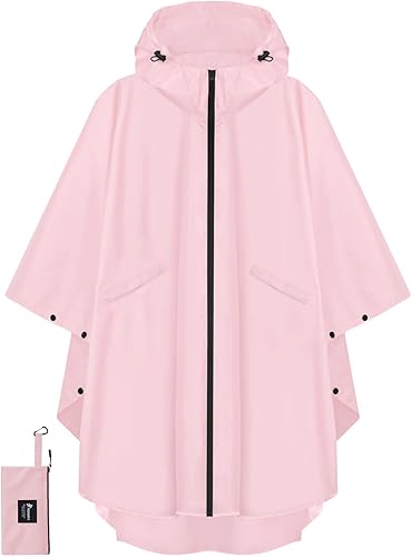 Miniatura 14 de PTEROMY Poncho de lluvia con capucha para adultos con bolsillo y cremallera, chubasquero impermeable ligero para hombres y mujeres