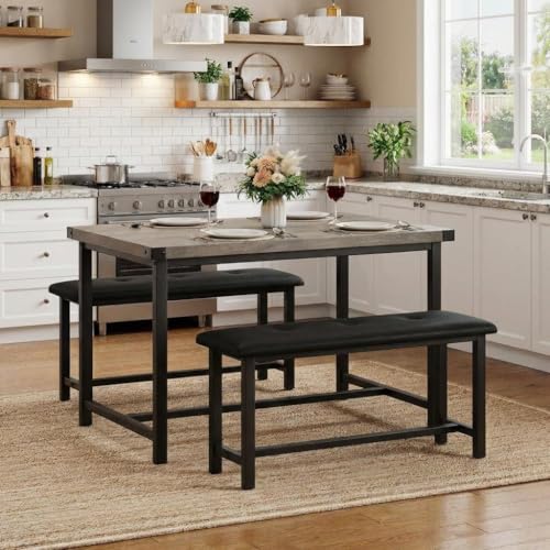 Garvee Dining Table with 2 Benches, Kitchen Table with 2 Upholstered Benches, 3 Piece Dining Table Set Space Saving for Apartment, Kitchen, 44.48" l x