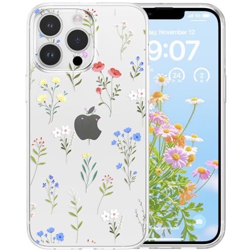 Coque iPhone 15 Pro transparente avec motifs floraux blancs en silicone