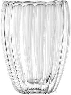 Premium Glass Drinking Cups, Transparent, Vertical Striped Pattern, 2-Piece Set with Lids and Handles, Modern Minimalist Style (350)