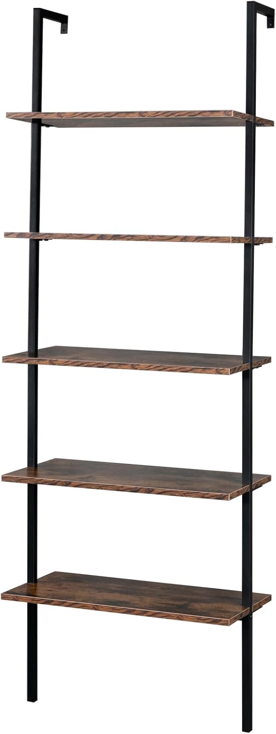 5 Tier Industrial Wall Mounted Bookshelf,Modern Ladder Bookcase Storage Organizer,Open Display Storage Rack,Plant Flower Shelves Stand,with Metal Frame,for Home Living Room Kitchen Balcony (Brown)