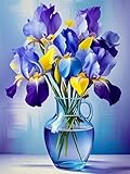 PINFFSHU Flowers Diamond Art Kits for Adults, Stunning Iris Bouquet in Glass Vase Diamond Painting Kits with Full Drill,5D Diamond Painting DIY Gem Art and Crafts for Home Wall Decor Gifts12x16 inch