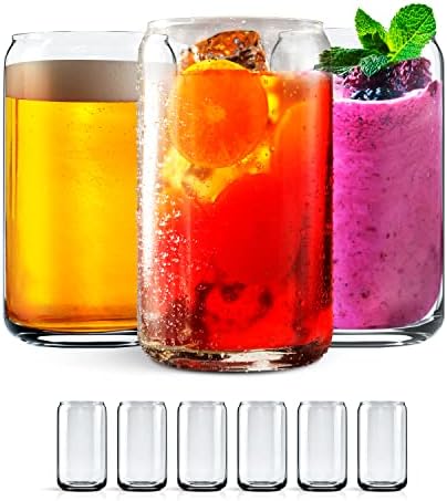 Leavenworks Beer Can Shaped Glass | 16 oz | Aesthetic Cups Used For Iced Coffee, Smoothies, Soda, Beer, Water Tumblers | Unique Glass Cups Set | Dishwasher-safe Glassware (6 Pack)