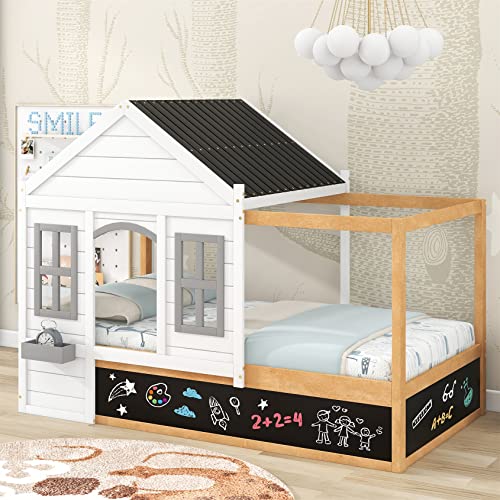 Twin House Beds With Chalkboard Wood 4 Poster Canopy Bed For Kids Twin Size Montessori Bed Playhouse Cabin Tent Bed Frame For Girls Boys Children Teens Juniors, White #TOP7