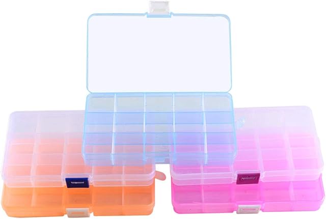 ETSAMOR 5pcs Jewellery Organiser, 15 Grids Plastic Storage Box Adjustable Divider Organizer Jewelry Earring Beads Storage Containers, 4 Colors