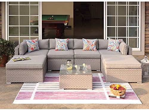 COSIEST 7-Piece Outdoor Furniture Warm Gray Wicker Family Sectional Sofa w Thick Cushions, Glass Top Coffee Table, 2 Ottomans, 4 Floral Fantasy Pillows for Garden, Pool, Backyard