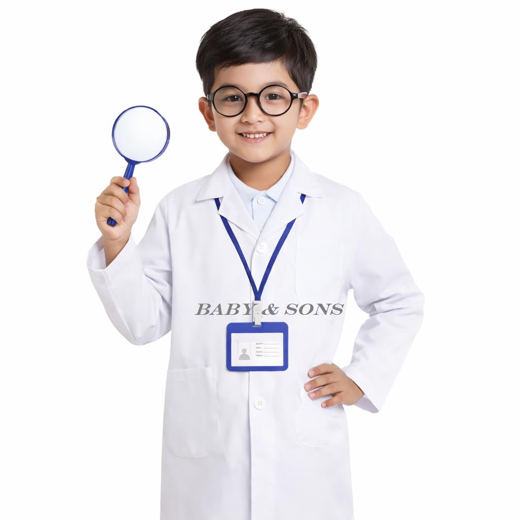 Doctor Scientist Costume for Kids – Lab Coat Dress Up Kit with Goggles, ID Card & Magnifying Glass | Role Play Costume | Halloween Fancy Dress Outfit-picture-29