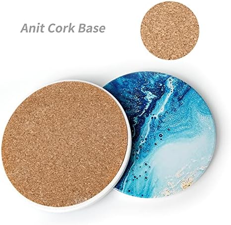 Ceramic Coasters set of 6, Round Ceramic Coasters with Holder Absorbent Ceramic Stone Coaster Cup Pad Cork Base, Accessories for Home Bar Living Room Kitchen Decor