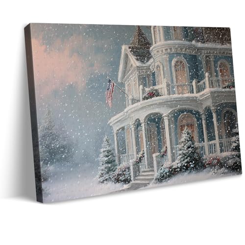 vandlife Rustic Christmas Canvas Wall Art Snow Covered Victorian House