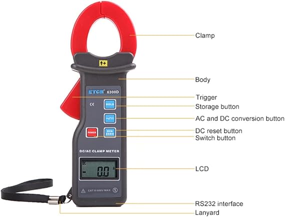 Clamp Ammeter, ETCR6300D DC Clamp Leaker/DC Leakage Current Clamp Meter 0.0mA~6.00A DC Multimeter Earth Resistance Meter