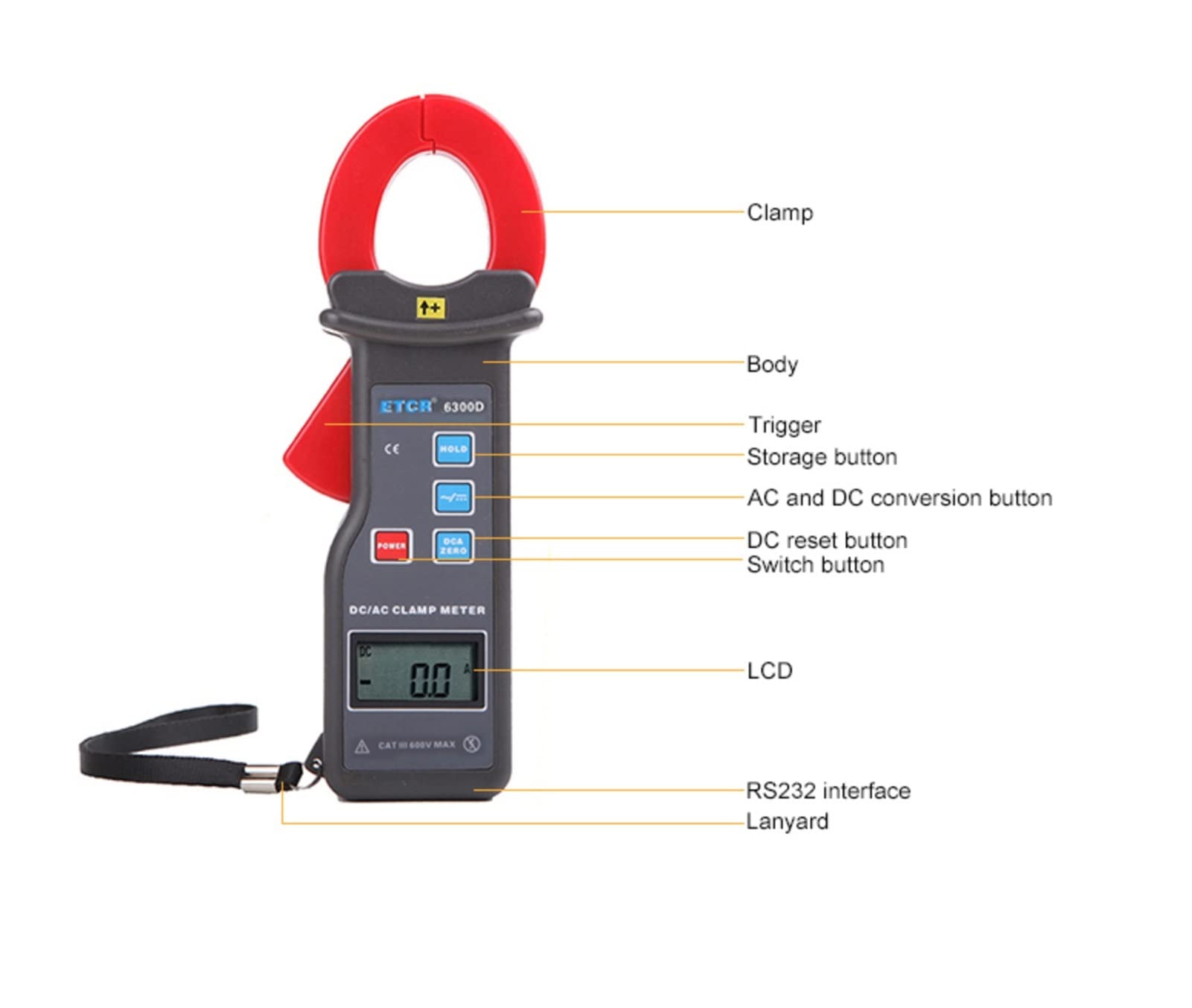 Pinza Amperimétrica, ETCR6300D DC Filtración/CORRIENTE CONTINUA Medidor de abrazadera de corriente de fuga 0.0 MA ~ 6.00A DC Medidor de resistencia a la tierra multímetro