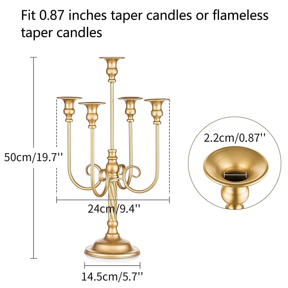 Candelabro de metal dorado para velas de 20 pulgadas de alto, 5 velas para velas cónicas, portavelas para centro de mesa de boda, Navidad, San Valentín, vacaciones, fiesta, evento, decoración de 6