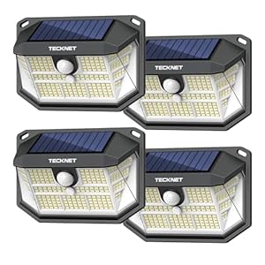 TECKNET 231 LED Solar Lights for Outside Waterproof, 4 Pack 300° Security Wall Lights with 3 Lighting Modes, IP65 PIR Outdoor Motion Sensor Solar Lights for Fence, Outside, Garden, Yard, Deck, Garage
