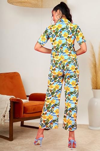 Image of POPWINGS Casual Floral Printed Monochrome Crop Shirt and Trouser Co-Ords Set for Women | Top and Bottom Set for Women |Printed Shirt and Trousers Set | Women Collar Shirt and Trousers Set Summer Wear
