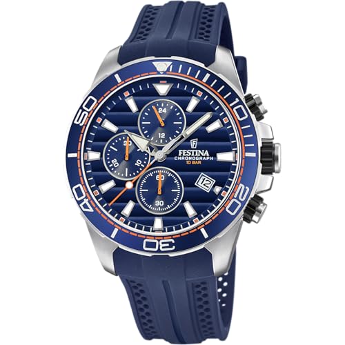 Festina Montre Homme Analogique en Caoutchouc Bleu - Mouvement Quartz - Montre de Sport pour Homme - Chronographe - Calendrier - Verre Minéral Résistant -...