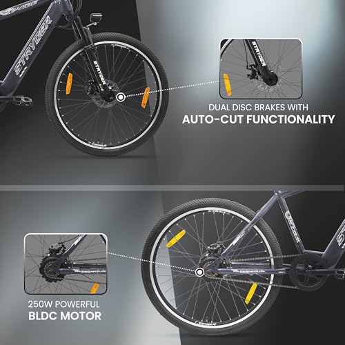 Image of Stryder E-Vibe 27T Electric Cycle for Men & Women (5.2-6 Ft) | 250W BLDC Motor | 36V 8.7Ah Li-ion Battery | Dual Disc Brakes | Front Suspension | USB Charging | Password Display | E-Bike (Grey)