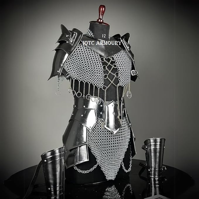 Medieval Cuirass Armor-Brave Lady Knight Armor with Chainmail-Perfect for LARP, Renaissance, Cosplay Replica, Halloween & Fantasy Party Costume Black