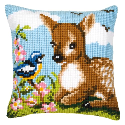 Kit coussin au point de croix cerf écru broderie canevas diy