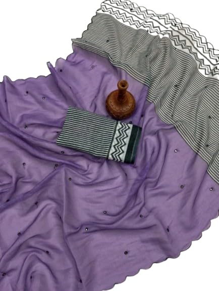 Image of Linen Cotton Saree with Black Mirror Work