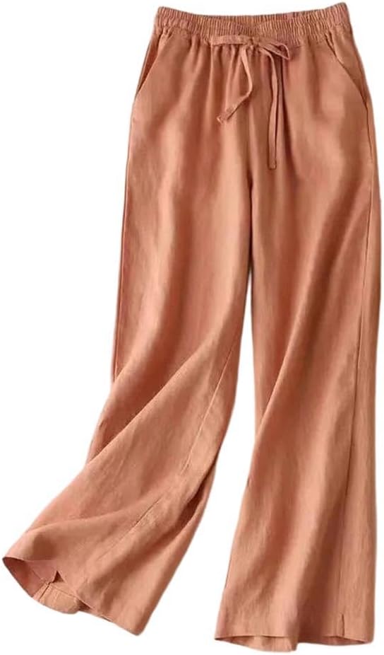 Women's Lightweight High Waist Pants Linen Wide Leg Drawstring Loose Breathable Casual Trousers